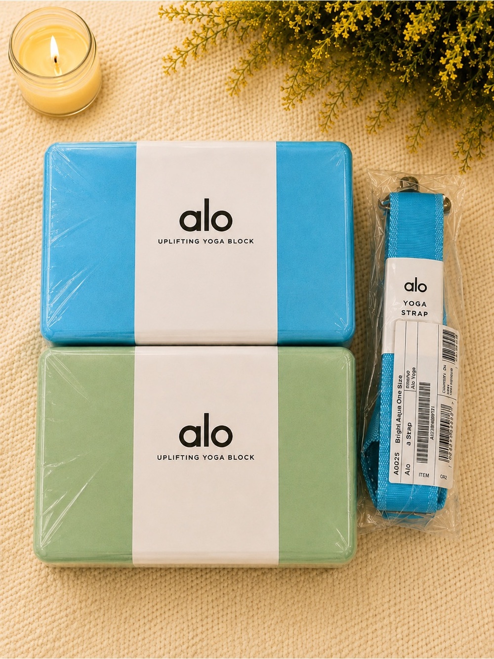 ALO Yoga Mint & Turquoise Uplifting Yoga Block Set of 2 with Matching Strap NWT